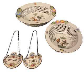 Two HEREND Porcelain Woven Bird Baskets & STAFFORDSHIRE Liquor Tags