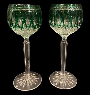 2pc WATERFORD Clarendon Emerald Crystal Hock Wine Glasses