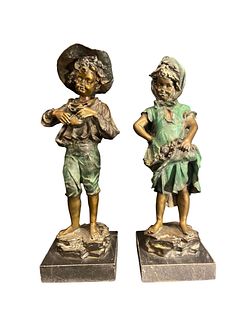 J. MORIE Bronze Sculptures of Children on Marble Bases 