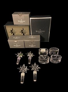 WATERFORD Crystal Bottle Stoppers and Napkin Rings With Original Boxes 