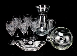 LOT OF ETCHED GLASS PITCHERS & GLASSES