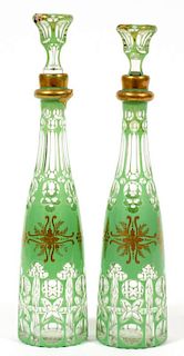 BOHEMIAN OVERLAY GLASS BOTTLES W/ STOPPERS PAIR