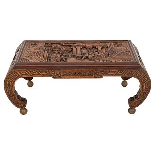 Chinese Carved Wood Scroll Leg Low Table