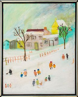 Signed Folk Art Winter Landscape Oil on Canvas