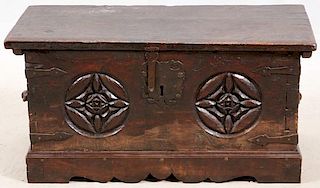 CONTINENTAL CARVED OAK COFFER POSS. 18TH C. & LATER