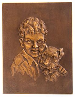 Helen Dobro Boy & Dog Bronze Wall Sculpture