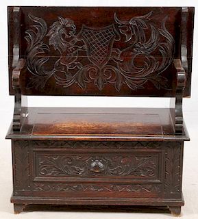 CARVED OAK MONK'S BENCH 19TH C.