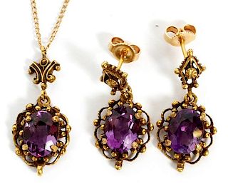 AMETHYST AND 14KT GOLD EARRING AND NECKLACE SET