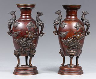 Pair Antique Japanese Bronze Vases