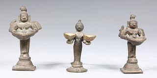 Group of Three Antique Bronze Figural Oil Lamps