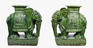 Pair Chinese Green Glaze Elephant Stands