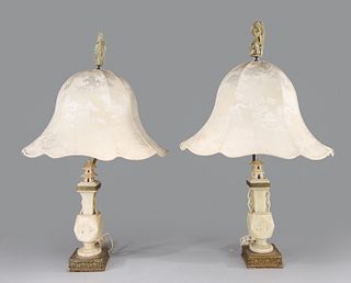 Pair Chinese Carved Soapstone Vase Lamps