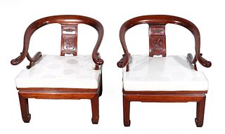 Pair Vintage Carved Chinese Horseshoe Chairs