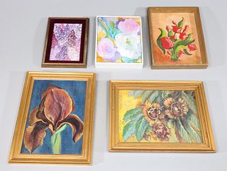 Group of Five Vintage Oil Paintings, Floral Still Life