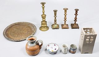 Group of Ten Vintage Brass Candlesticks Ceramics and Cloisonne