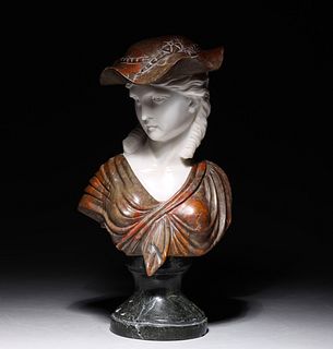 Vintage Carved Marble Bust of Woman in Hat