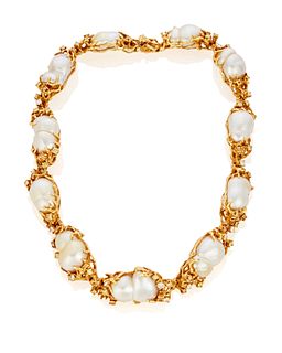 A baroque South Sea cultured pearl, diamond and irradiated diamond necklace