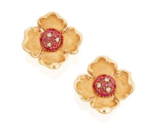 A pair of Retro ruby and diamond flower ear clips