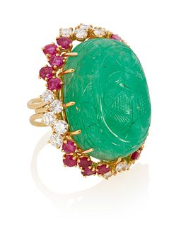 A carved emerald, ruby and diamond ring