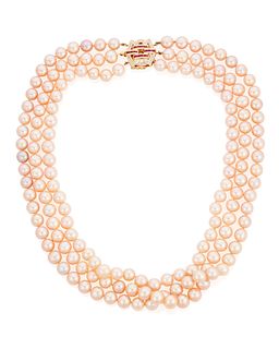 A pearl, ruby and diamond necklace