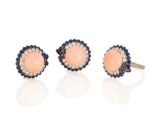 A set of coral, diamond and sapphire jewelry