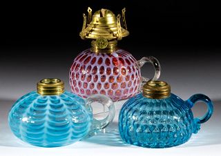 ASSORTED OPALESCENT GLASS KEROSENE FINGER LAMPS, LOT OF TWO