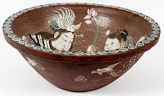 ASIAN TERRACOTTA AND HAND PAINTED ENAMEL BOWL