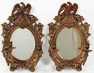 GILT METAL AND MIRROR WALL SCONCES PAIR