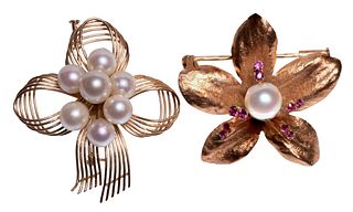 14k Gold and Pearl Brooches