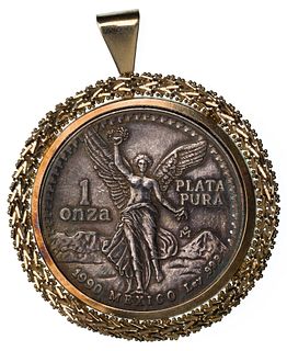 Mexican Silver Winged Victory Coin in Gold Pendant