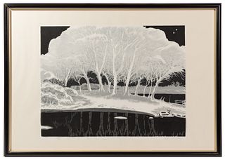Lu Fang (Chinese, b.1932) 'Snow Clad Trees' Woodblock Print