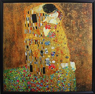 The Kiss After Gustav Klimt. Image size 32x32. Hand embellished oil and ink on canvas Limited Edition