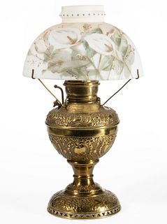 EDWARD MILLER BRASS JUNO PARLOR LAMP WITH VICTORIAN DECORATED SHADE