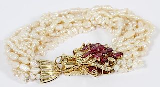 14KT YELLOW GOLD RUBY AND SEED PEARL BRACELET