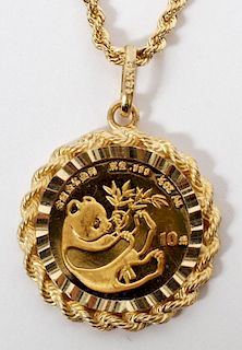CHINESE GOLD 10 YUAN PANDA COIN W/ GOLD NECKLACE