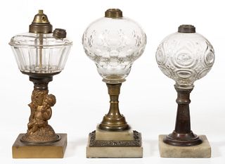 ASSORTED PATTERN KEROSENE STAND LAMPS, LOT OF THREE