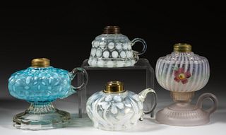 ASSORTED  OPALESCENT GLASS KEROSENE LAMPS, LOT OF FOUR