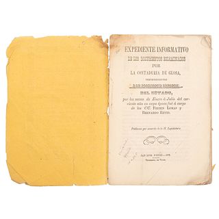 Reyes, Bernardo - Lomas, Fermín. Expediente Informativo de los Documentos Examinados por la Contaduría de Glosa. S. L. Potosí, 1868. 1