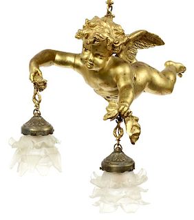 FRENCH BRONZE TWO-LIGHT CUPID CHANDELIER