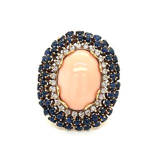 18k Coral Sapphire Diamond Ring