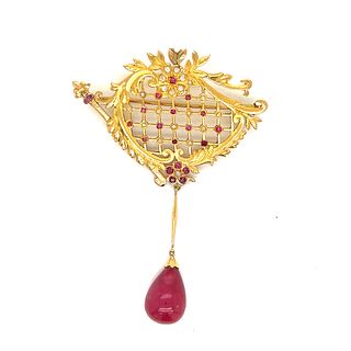 18k Art Nouveau Diamond Ruby Brooch