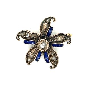 Georgian Silver Diamond Blue Enamel Flower Brooch Â 