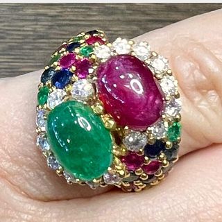 18K Yellow Gold Diamond, Ruby, Emerald, and Sapphire Ring