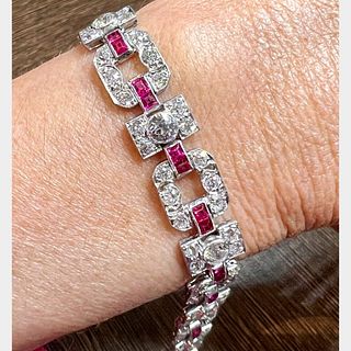 Art Deco Platinum Diamond and Synthetic Ruby Bracelet