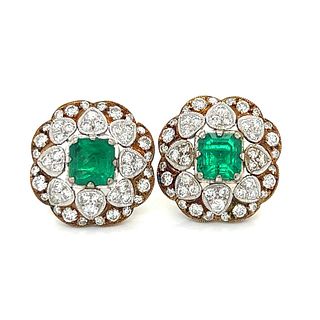 18K Yellow Gold Emerald & Diamond Earrings