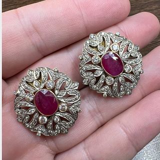 18K Yellow Gold & Silver Diamond and Ruby Earrings