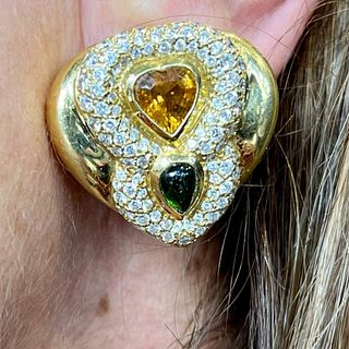 18K Yellow Gold Diamond, Tourmaline, and Topaz Earrings
