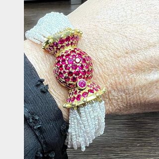 18K Pearl & Synthetic Ruby Bracelet