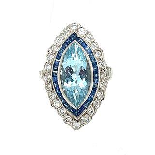 Platinum Aqua Diamond Sapphire Marquise Ring