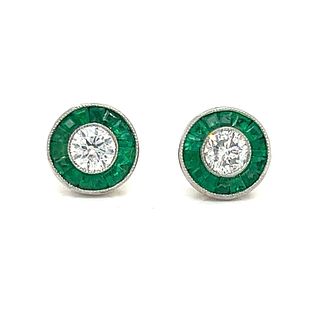 Platinum Emerald Diamond Stud Earrings